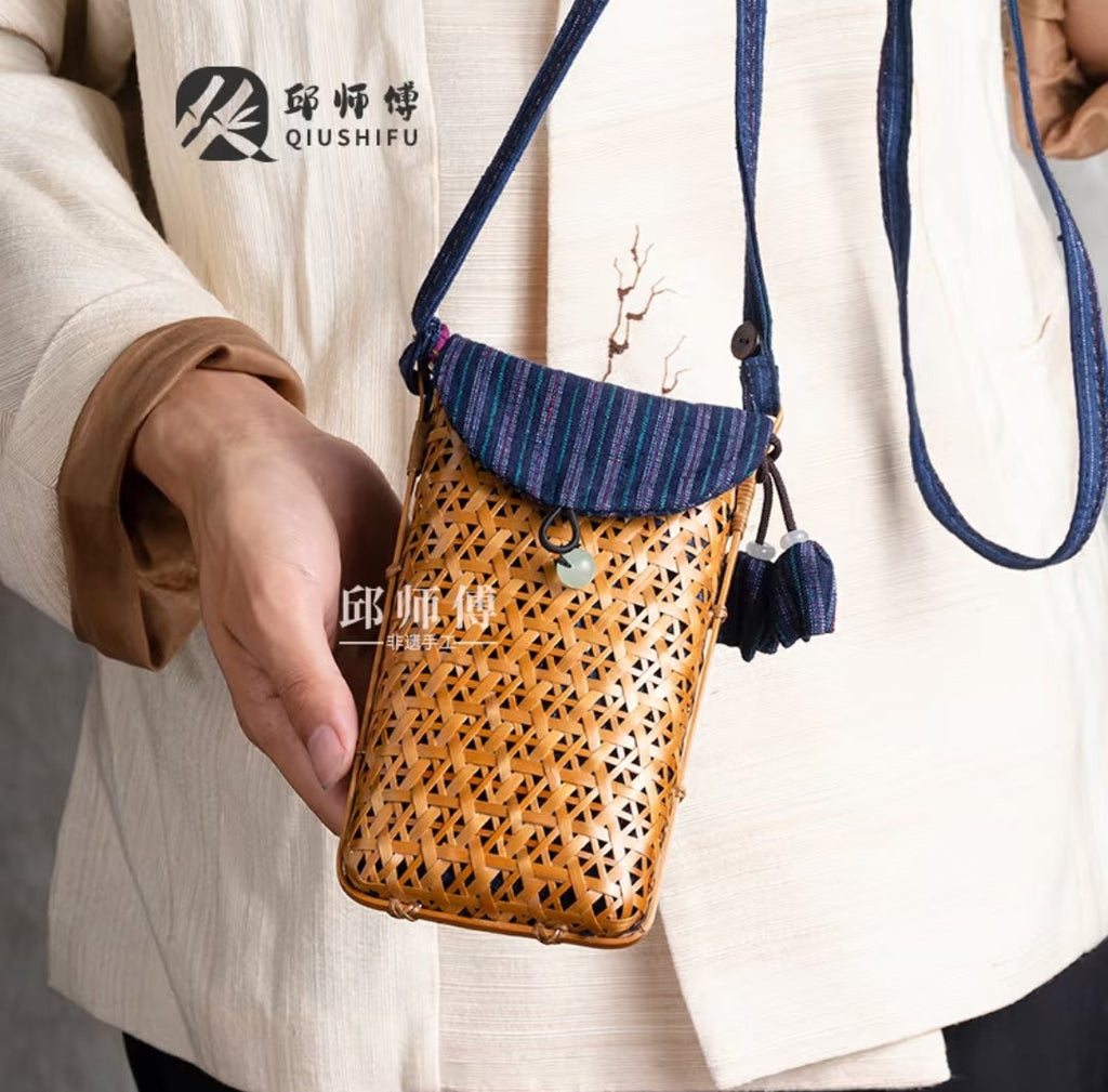 Handwoven Bamboo Crossbody Bag | Intangible Heritage Woven Phone Purse | Hanfu Boho Shoulder Bag