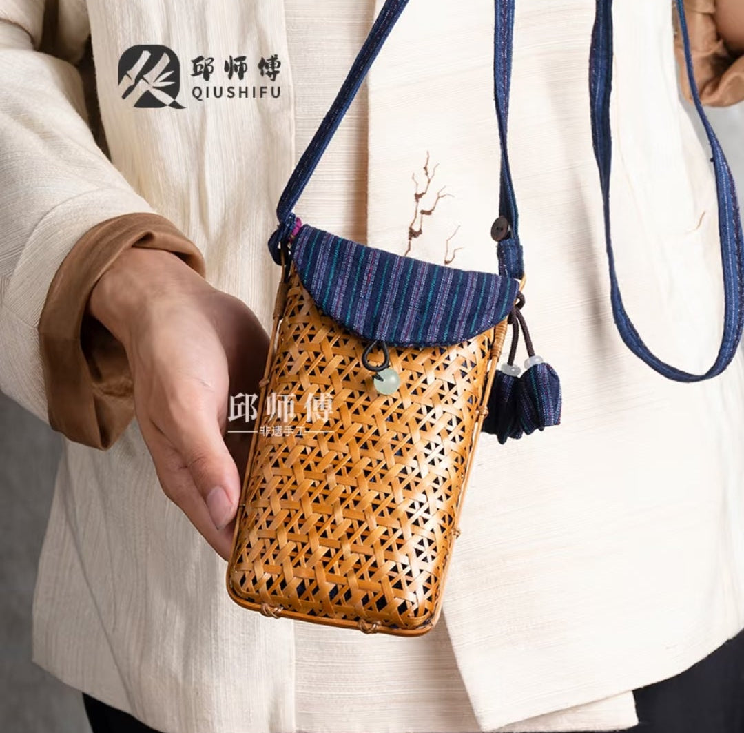 Handwoven Bamboo Crossbody Bag | Intangible Heritage Woven Phone Purse | Hanfu Boho Shoulder Bag