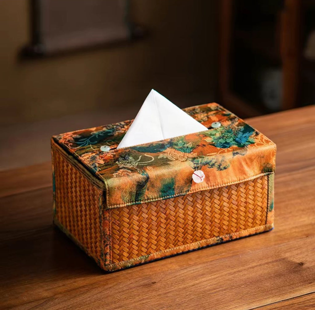 Bamboo Woven Tissue Box | Luxury Silk Brocade Lid | Oriental Home Decor
