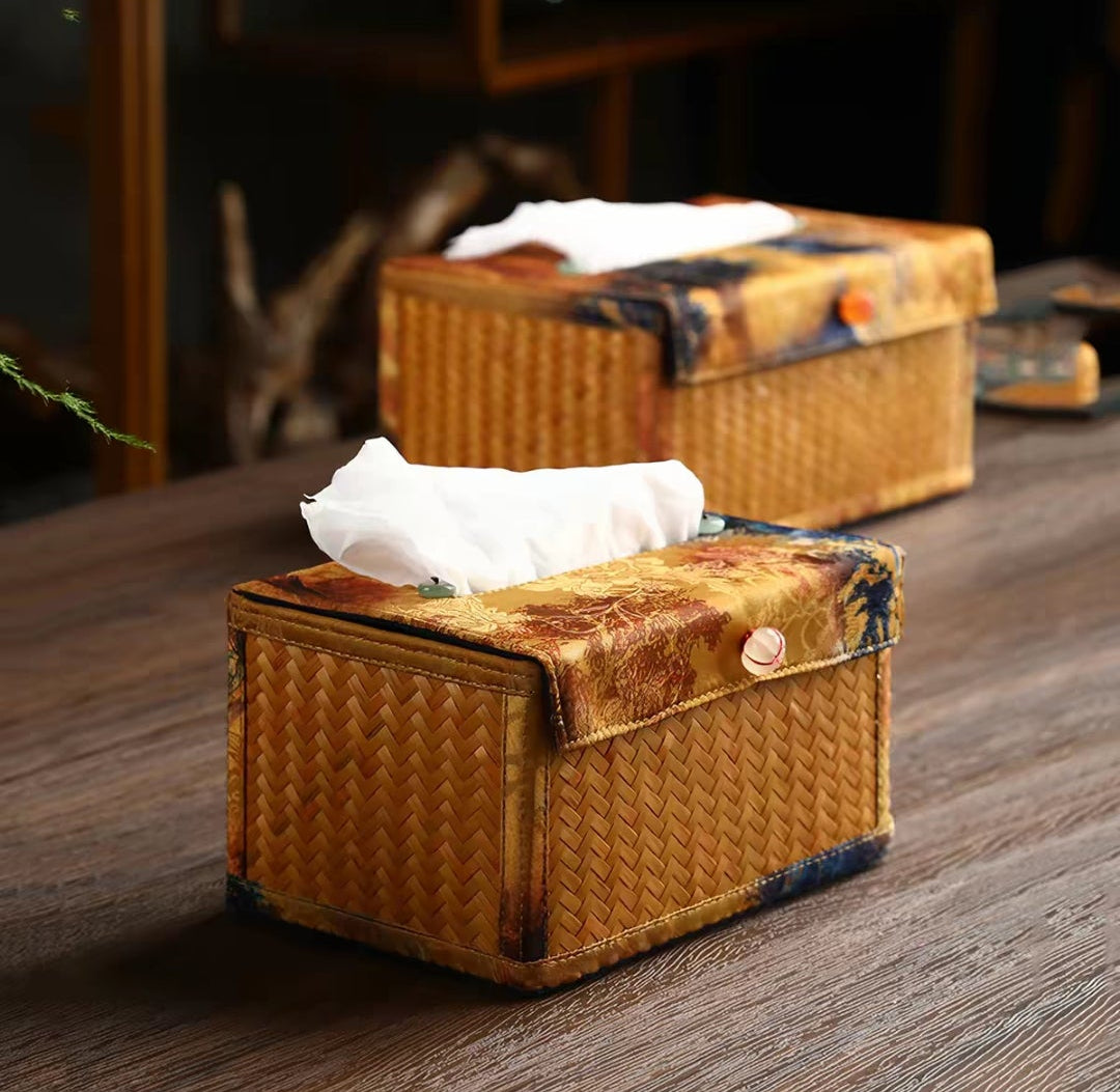 Bamboo Woven Tissue Box | Luxury Silk Brocade Lid | Oriental Home Decor
