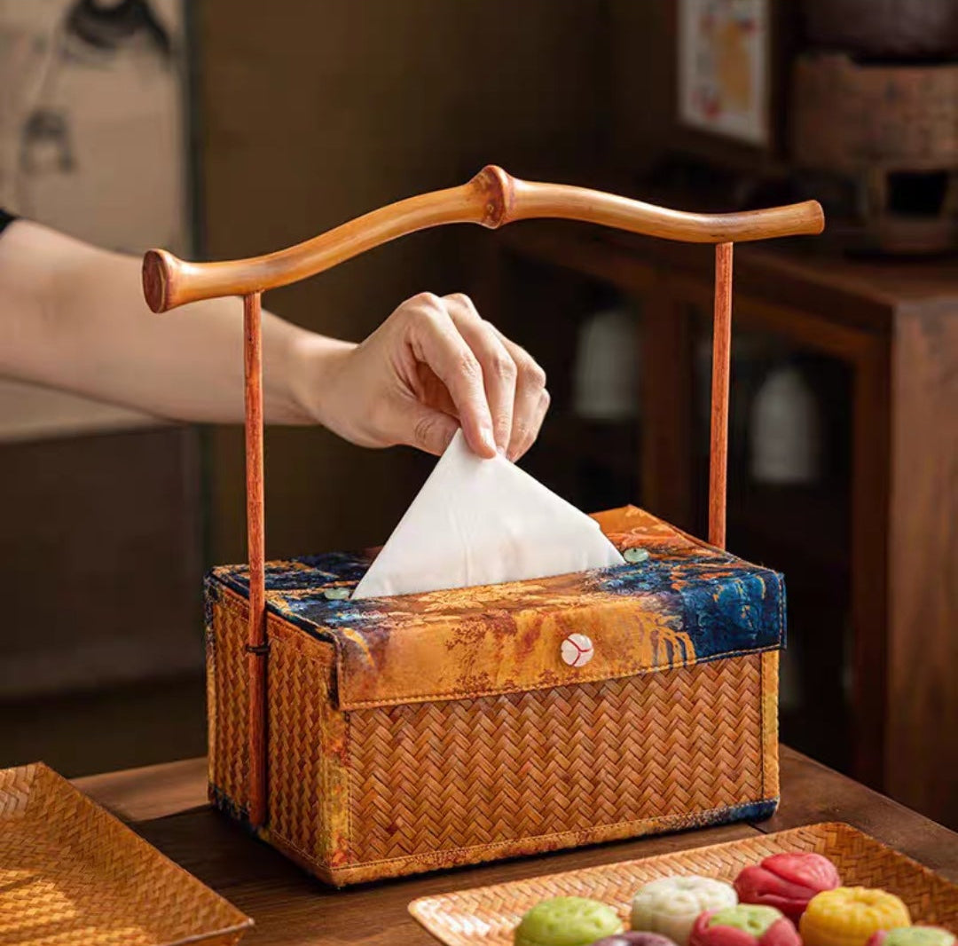 Bamboo Woven Tissue Box | Luxury Silk Brocade Lid | Oriental Home Decor