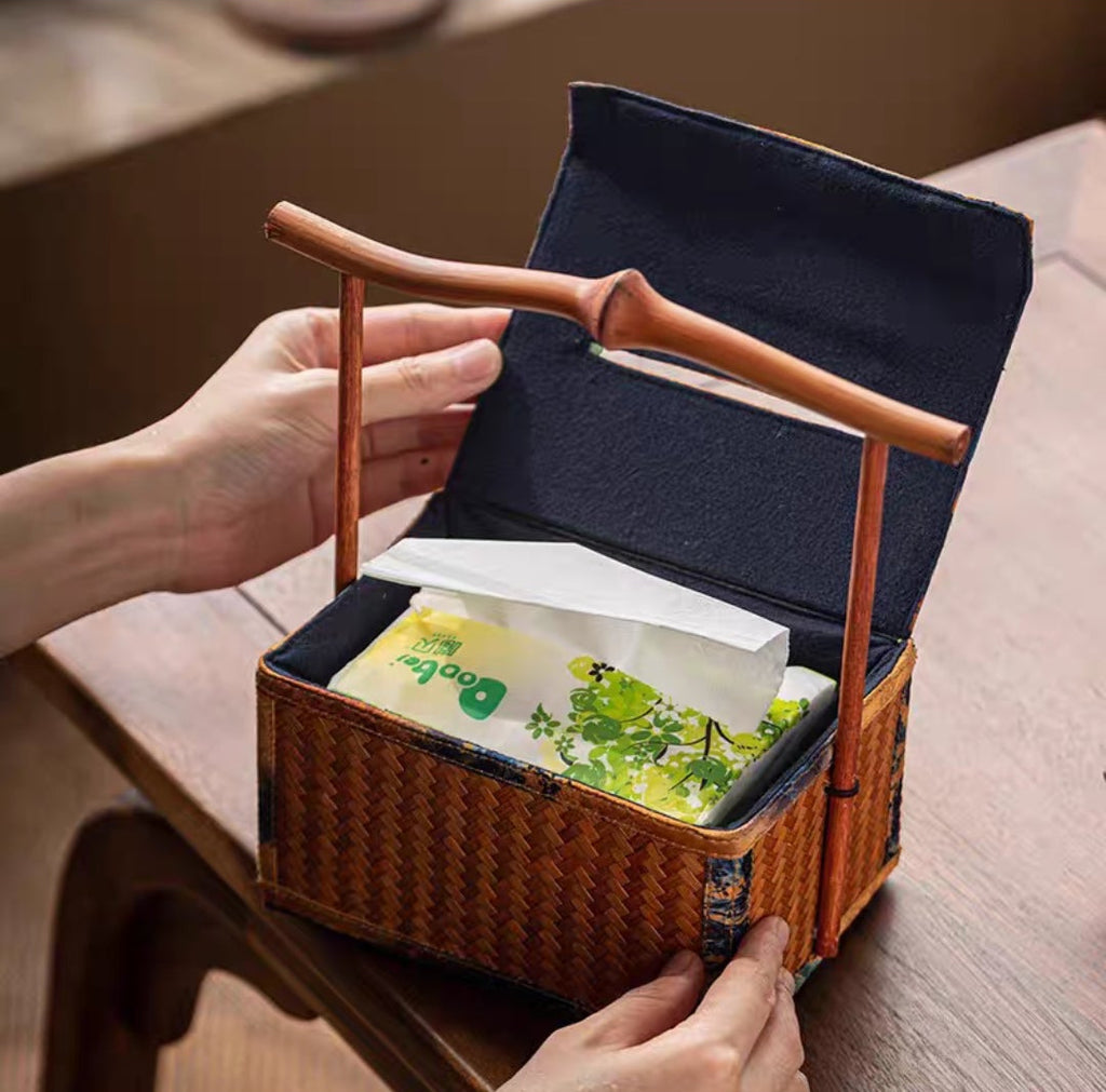 Bamboo Woven Tissue Box | Luxury Silk Brocade Lid | Oriental Home Decor