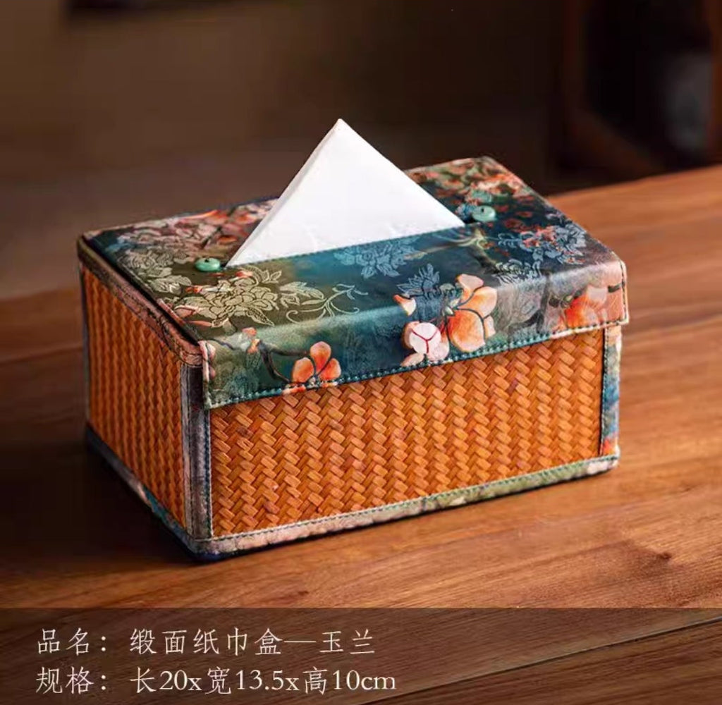 Bamboo Woven Tissue Box | Luxury Silk Brocade Lid | Oriental Home Decor