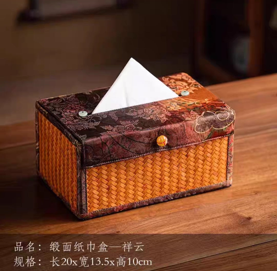 Bamboo Woven Tissue Box | Luxury Silk Brocade Lid | Oriental Home Decor