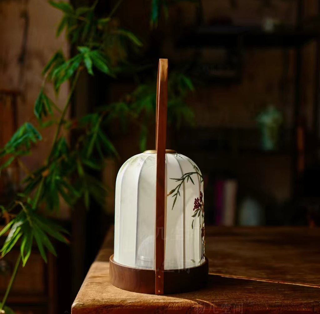 Song Dynasty Aesthetic Suzhou Embroidery Portable Lantern | Black Walnut Wood Base