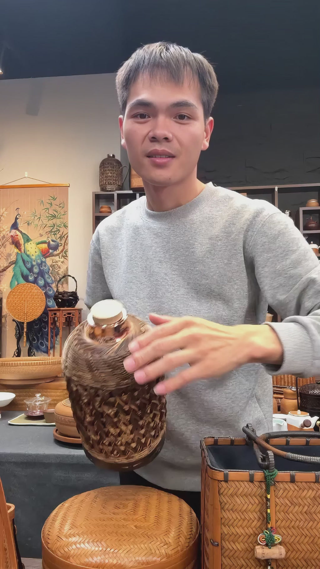 Handwoven Purple & Jade Bamboo Kettle | Copper-Lined Hot Water Carafe