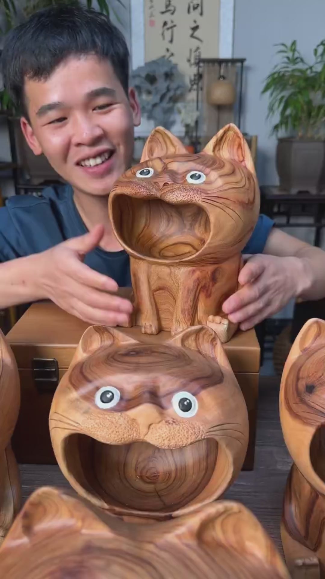 Hand-Carved Camphor Wood Cat Sculpture | Natural Aromatic Wood Art