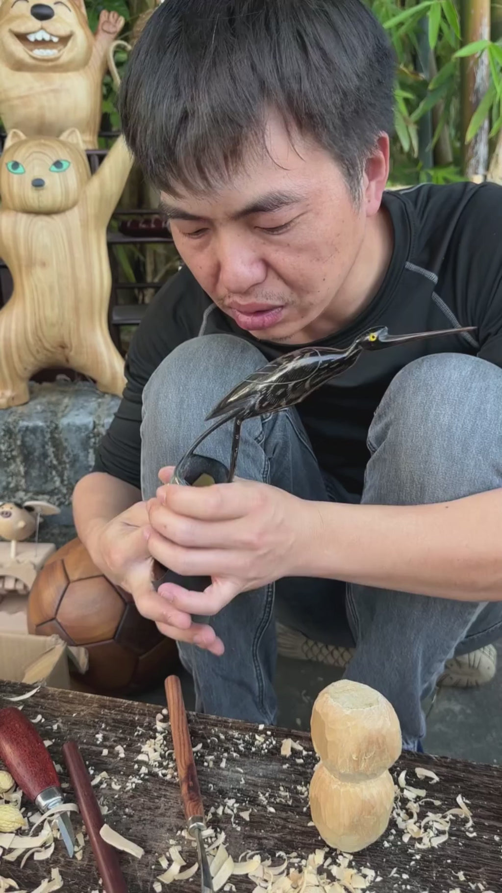 Hand-Carved Buffalo Horn Heron Sculpture | Oriental Wildlife Art