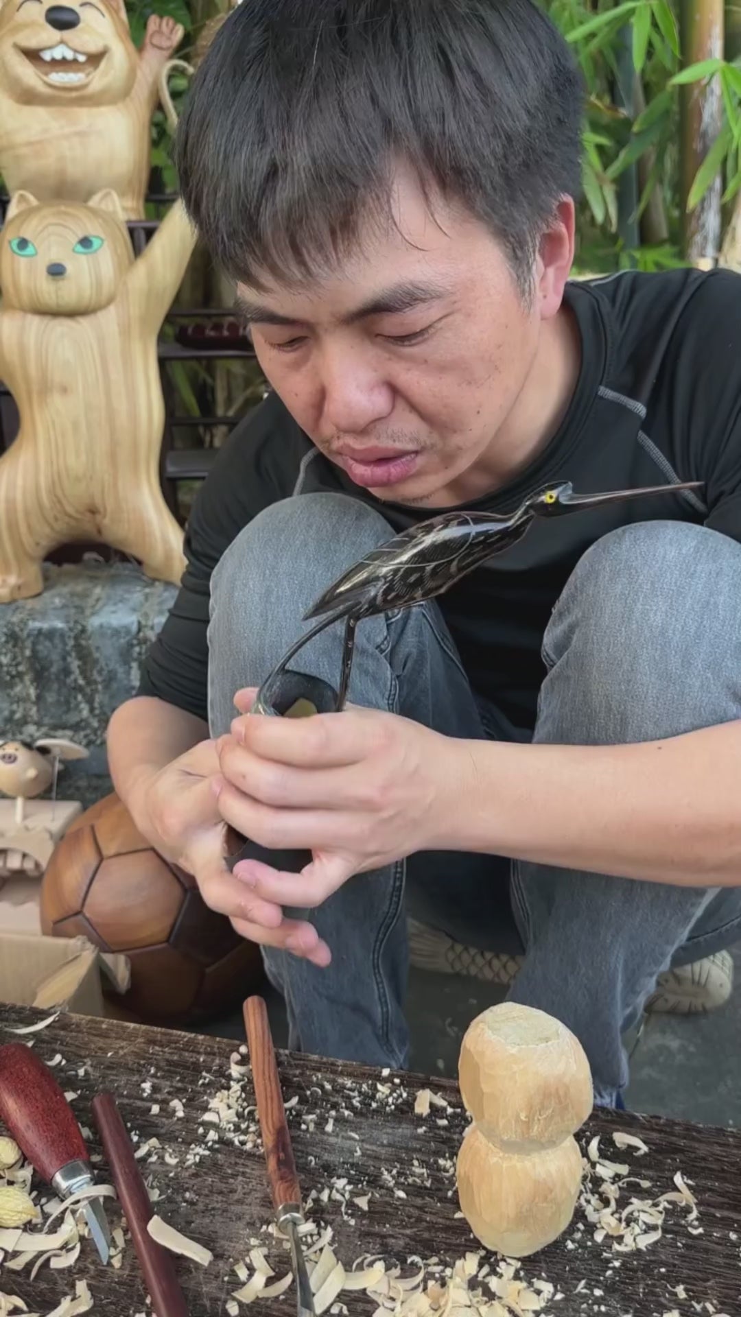 Hand-Carved Buffalo Horn Heron Sculpture | Oriental Wildlife Art