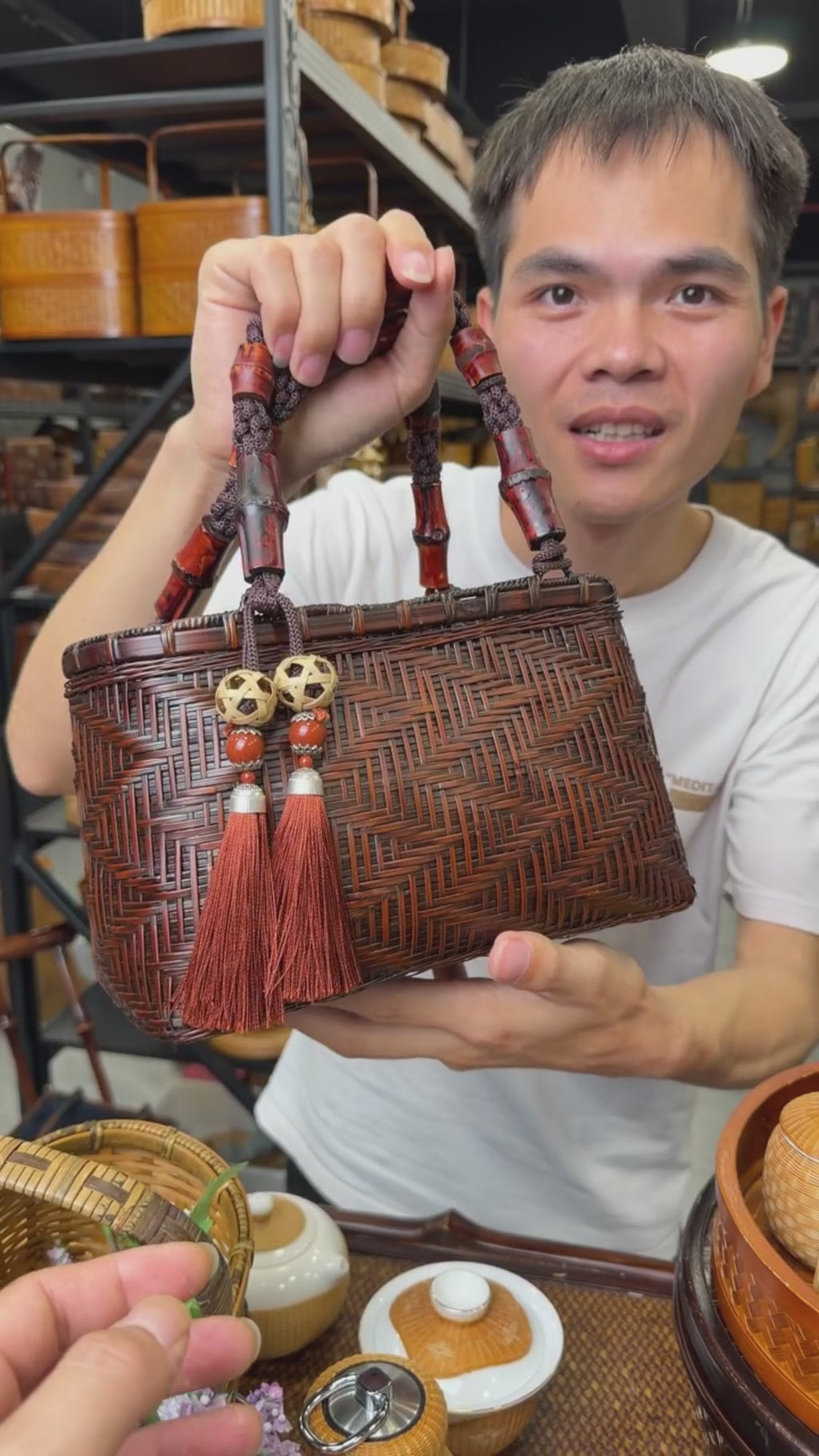 Handwoven Bamboo Wave Tote Bag | Red Bamboo Handle | Oriental Handbag