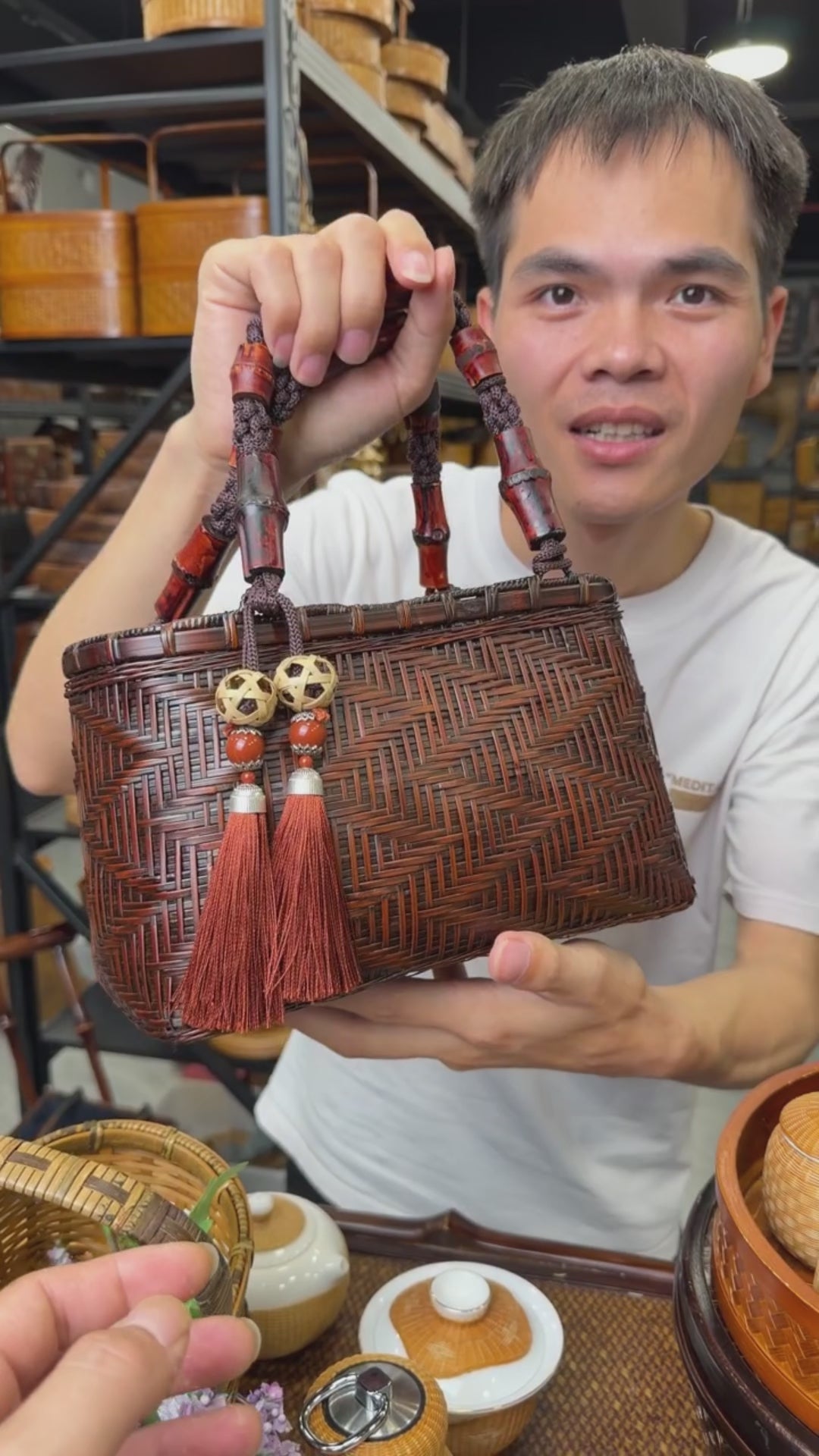 Handwoven Bamboo Wave Tote Bag | Red Bamboo Handle | Oriental Handbag